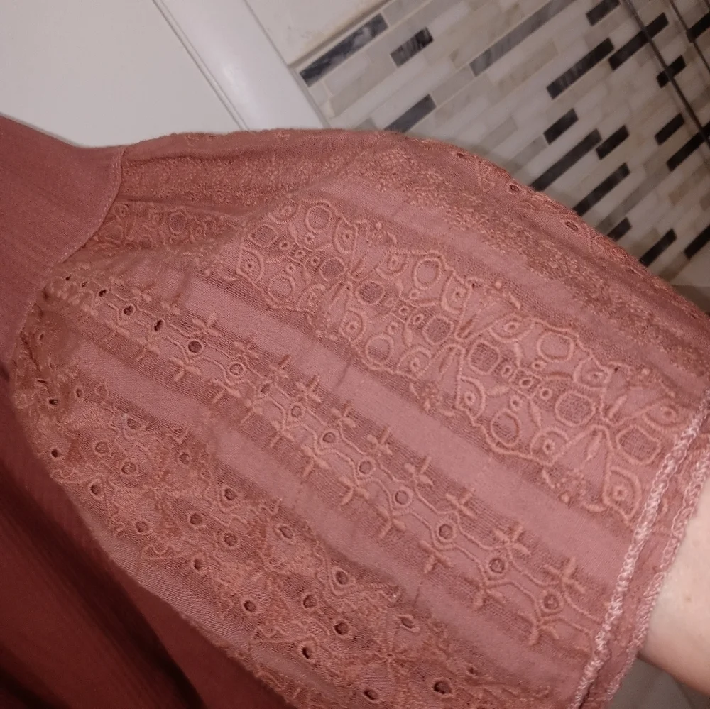 Free People Parisian Nights Dusty rose pink ribbed V Neck Bell Sleeve Blouse